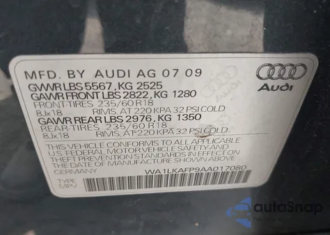 2010 Audi Q5 3.2 Premium из США, поврежденный, VIN WA1LKAFP9AA017080